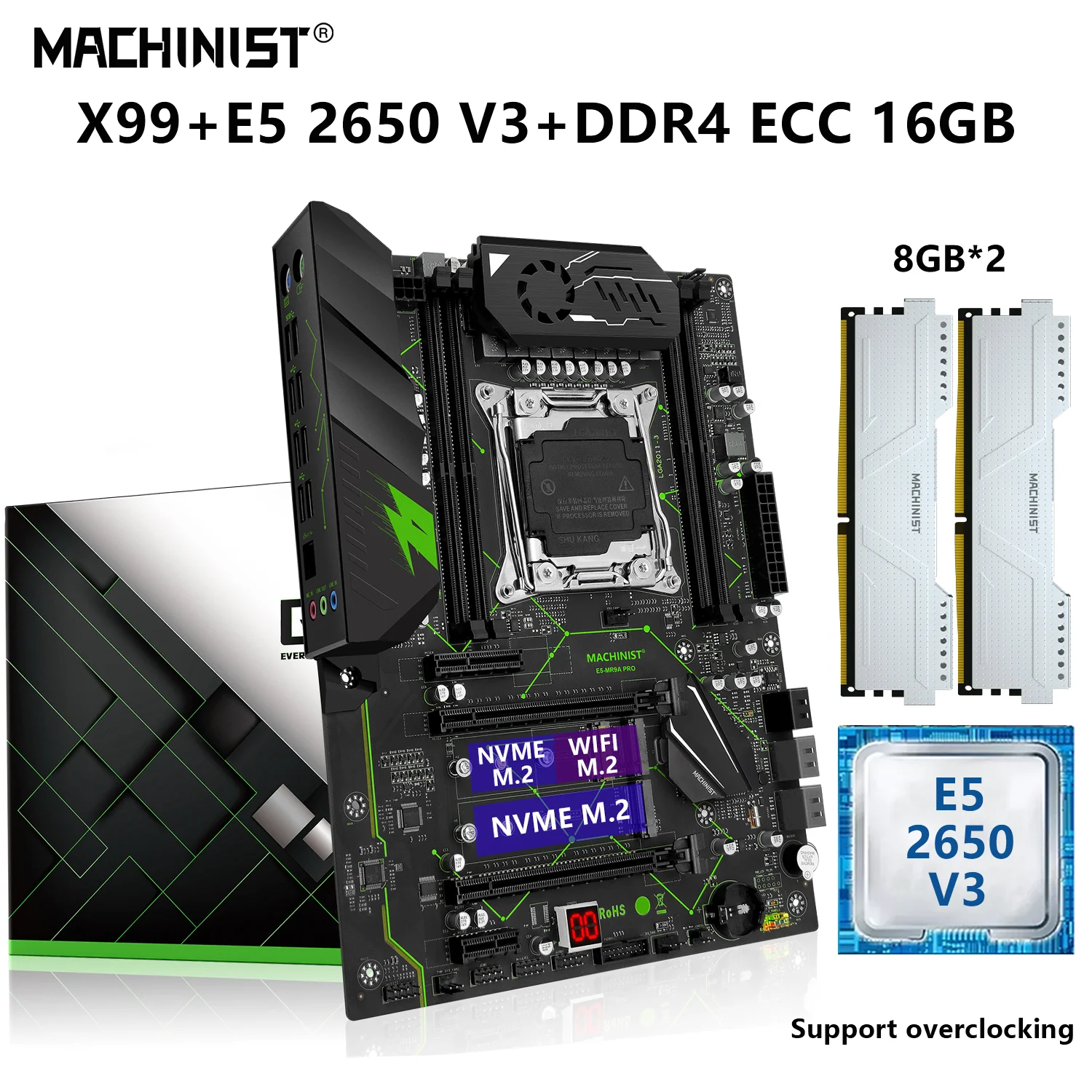 

MACHINIST X99 Motherboard LGA 2011-3 With Kit Set Xeon E5 2650 V3 CPU 16GB=2*8G DDR4 ECC RAM Four-channel NVME M.2 E5 MR9A PRO