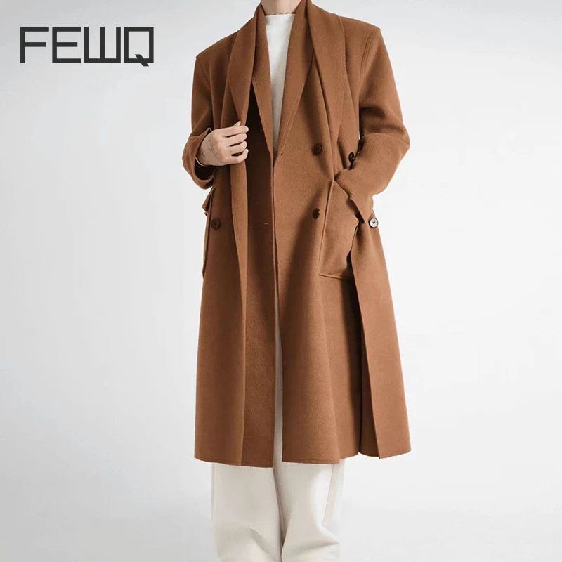 FEWQ поддельное двойное мужское шерстяное пальто из двух частей с длинным рукавом
