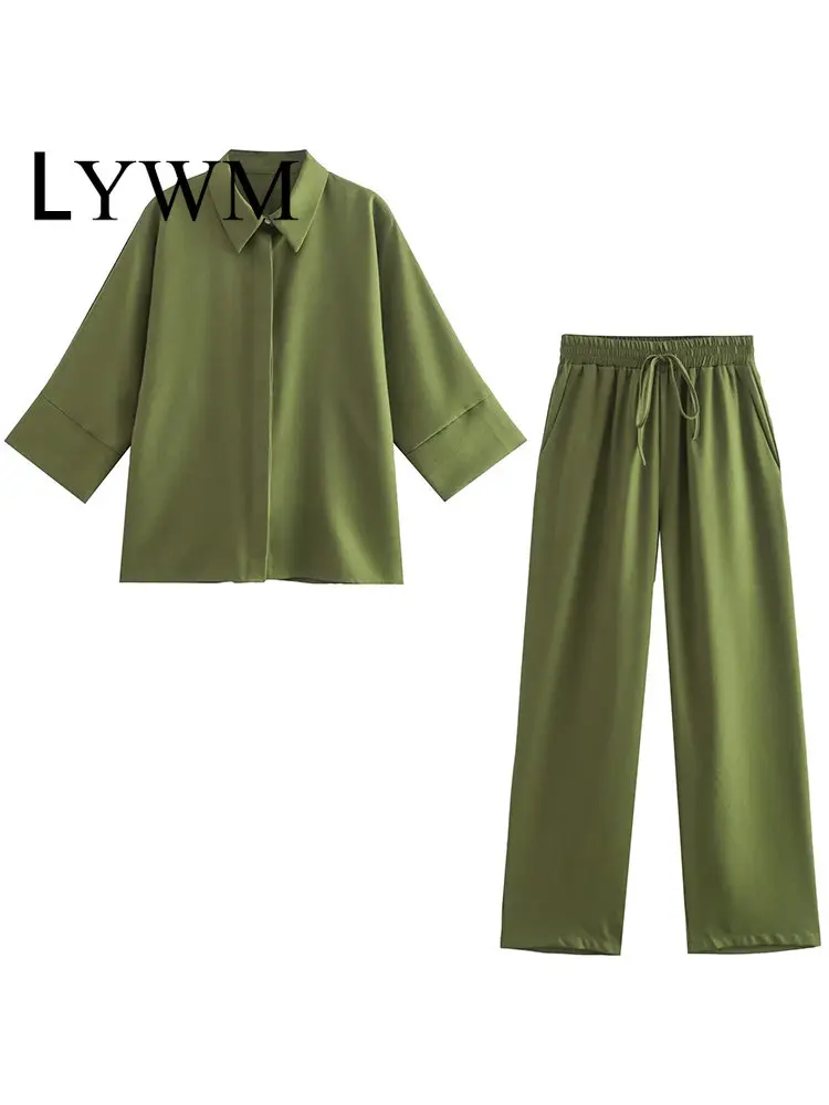 

LYWM Two Piece Set Women Fashion Solid Single Breasted Shirt Vintage Elastic Waist Trousers Feamle Chic Outfit Pants Sets
