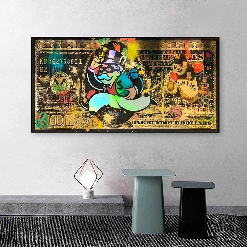 

Graffiti Money Art Poster and Print Monopoly Rich Man Running with Bag of Money Canvas Painting Cartoon Wall Picture Home Decor