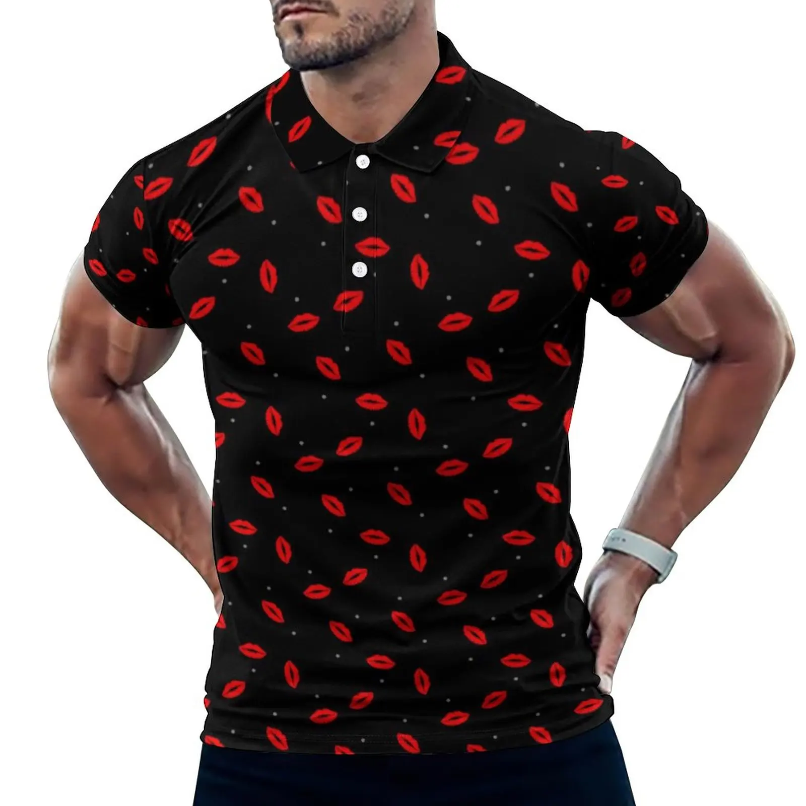 

Рубашка-поло с принтом красных губ, Повседневная рубашка с принтом помады и поцелуя, футболки в уличном стиле для свидания, мужские топы бол...