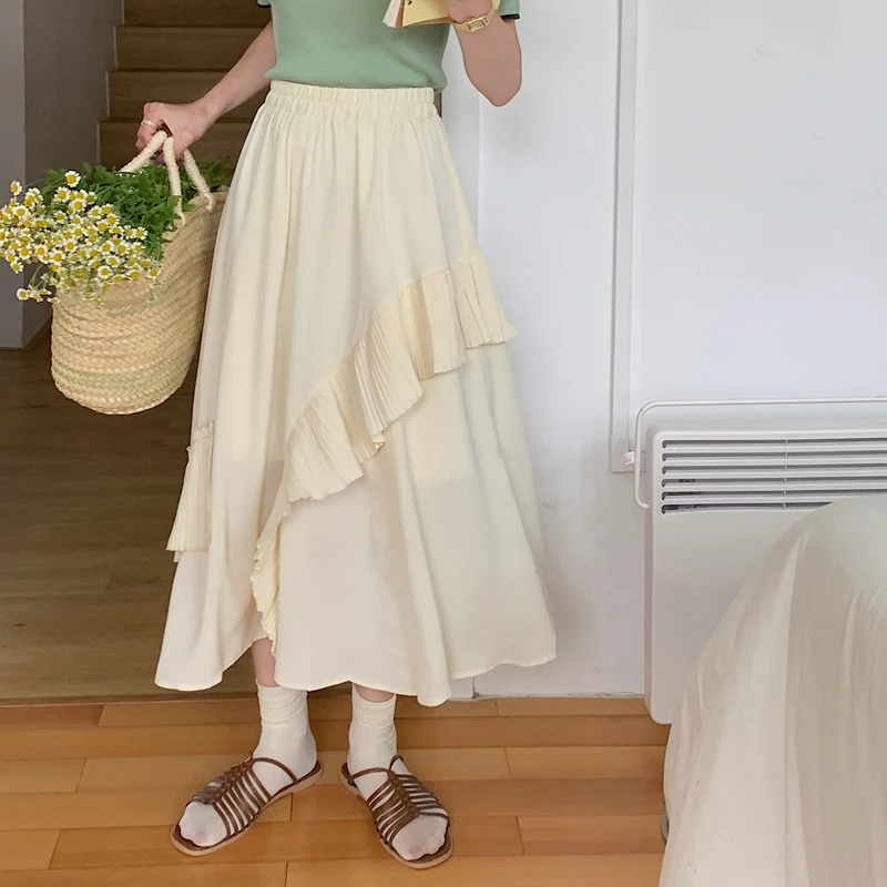

2022 Summer New High Waist Irregular Pleated Stitching Mid-Length Large Swing A- line Skirt
