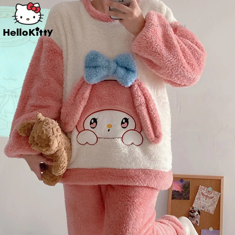 

Anime Sanrio Cinnamoroll My Melody Pajamas Sets Y2k Lotso Kawaii Home Clothes Women Autumn Winter Thick Coral Velvet Sleepwear