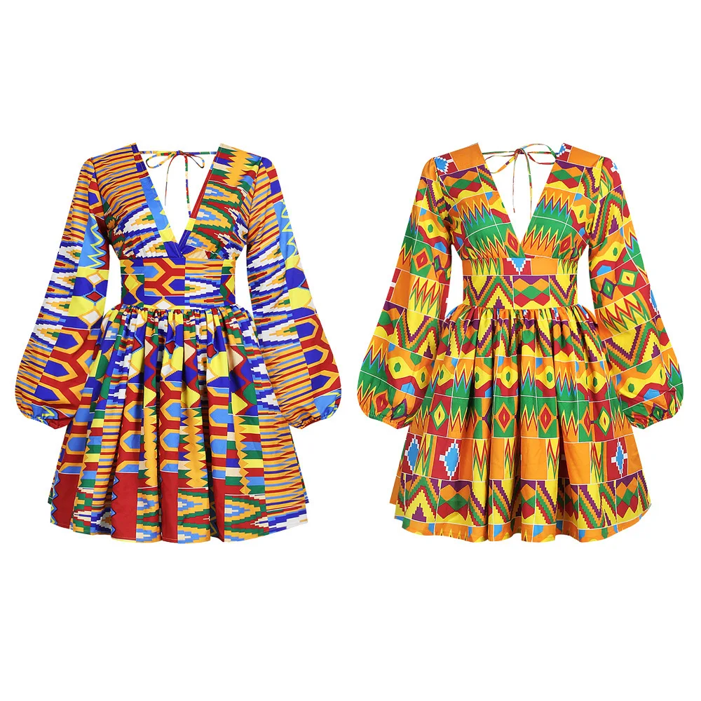 2022 осеннее сексуальное модное платье в африканском стиле с V-образным вырезом и