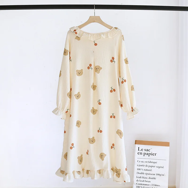 Girl Nightwear Women Pajamas Half Cardigan Over Knee Long Sleeve Cotton Crepe Sleepdress Four Seasons Thin Loose Midi Nightshirt