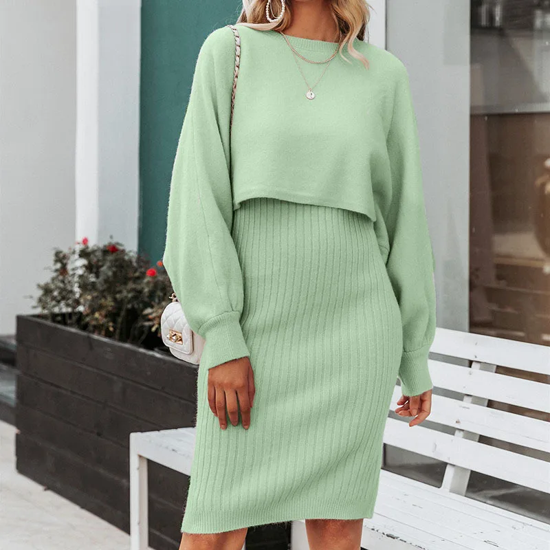 

2022 New 2pcs Set Knitted Cashmere Dress Women's Fashion Solid Color Pullover Sweater