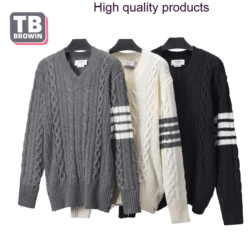 

BROWIN TB men's turtleneck v collar Thom British striped 4-bar wool brand bottomed sweater pullover luxury