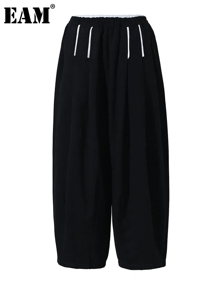 

[EAM] High Elastic Waist Color-block Black Long Wide Leg Pants New Loose Fit Trousers Women Fashion Spring Autumn 2023 1DF246801