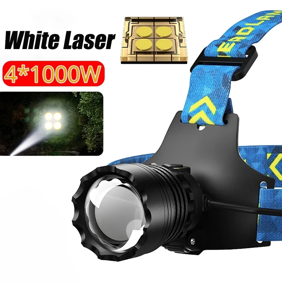 

9900000LM 4*1000W Long Range Wick Powerful Headlamp XHP360 Head Torch Zoom Headlight TYPE-C Rechargeable Fishing Head Lantern