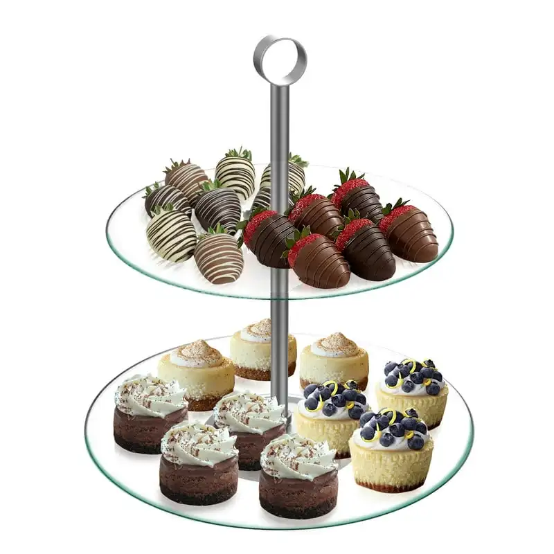 

Tower-Two Tier, Round Glass Display Stand for Cookies, Cupcakes, Pastries, Hors d’oeuvres and Appetizers Great for Parties by