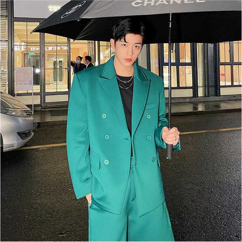 High quality (Blazer + shorts) men's double-breasted Korean fashion trend loose simple casual shopping youth suit two-piece