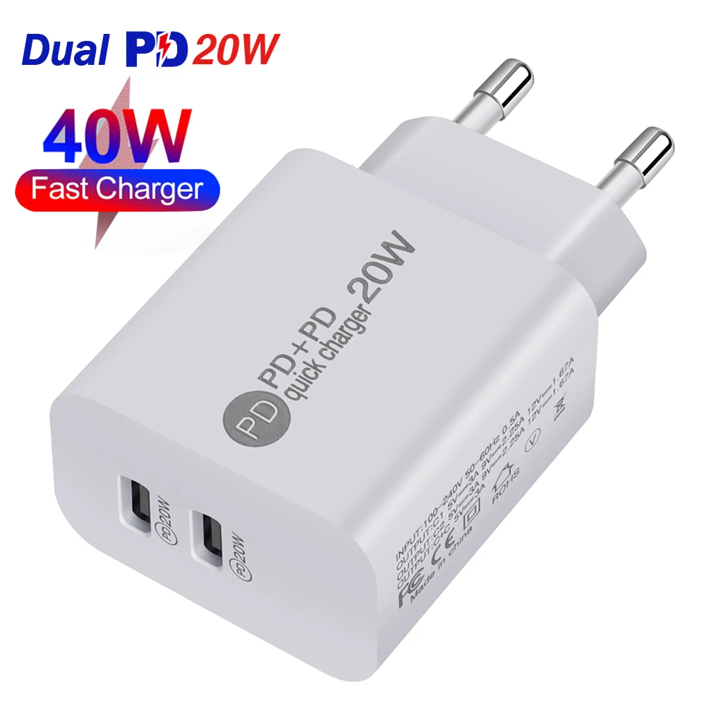 

40W USB Charger Dual PD 20W Fast Charging USB-C Power Adapter For iPhone 13 12 11 Samsung Huawei Xiaomi Mobile Phone Charger