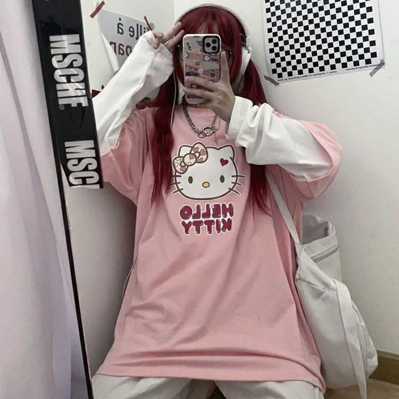 

Kawaii Sanrio Hello Kitty Cute Sweet Long Sleeve Shirt Women's Y2K Street Fashion Oversized Anime Casual Pullover Tops Christmas