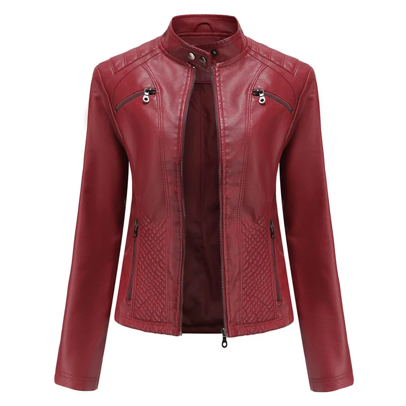 

2023 New Women Standing Collar Leather Jacket Spring and Autumn Lady High Street Casual Coat Slim Fit Clothing