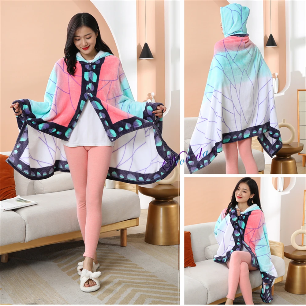 

Anime Demon Slayer Cloak Kimetsu no Yaiba Kochou Shinobu Cosplay Costume Flannel Jacket Coat Blanket Soft Cape Hoodie Women Men