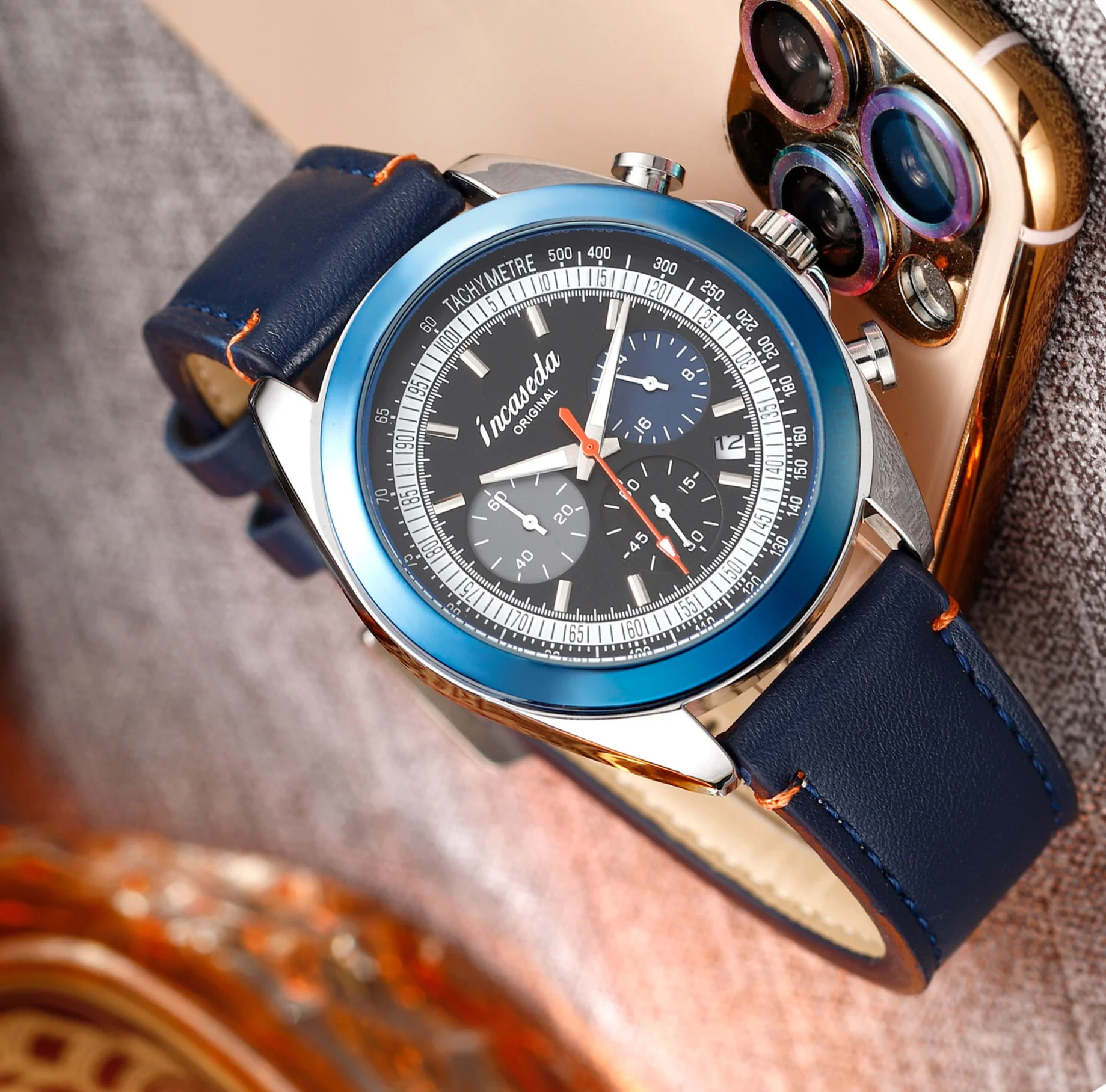 

new big brand genuine incaseda fashion business sports real six needle multifunctional leisure quartz watch with box