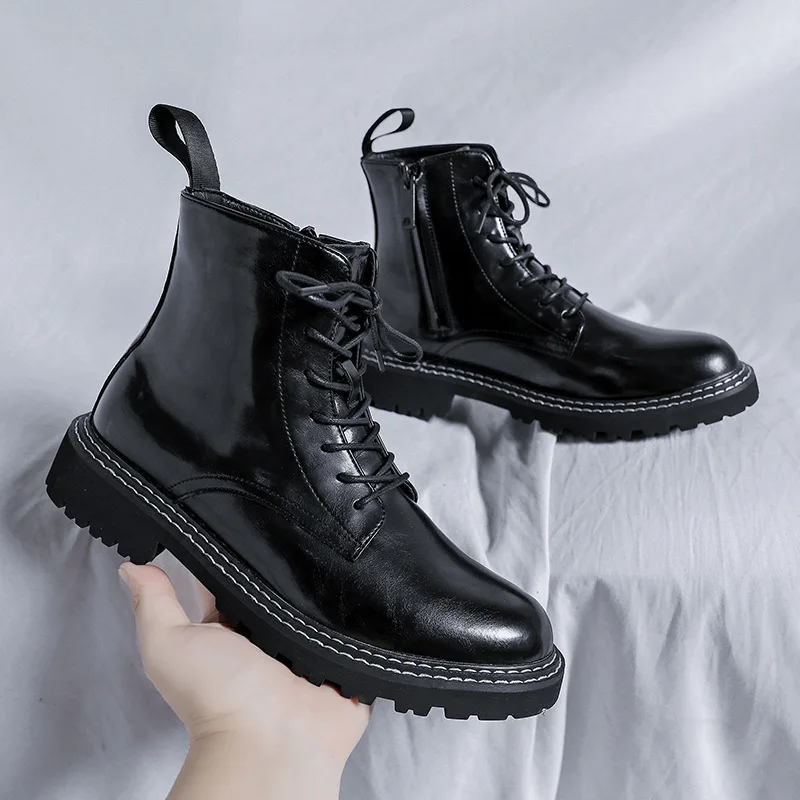 

men casual original leather boots lace-up platform shoes black trend cowboy boot spring autumn gentleman footwear ankle botas