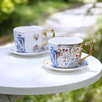 new chinese exquisite retro light luxury painted gold irregular coffee cup plate blue and white doucai ceramic cup coffee cup