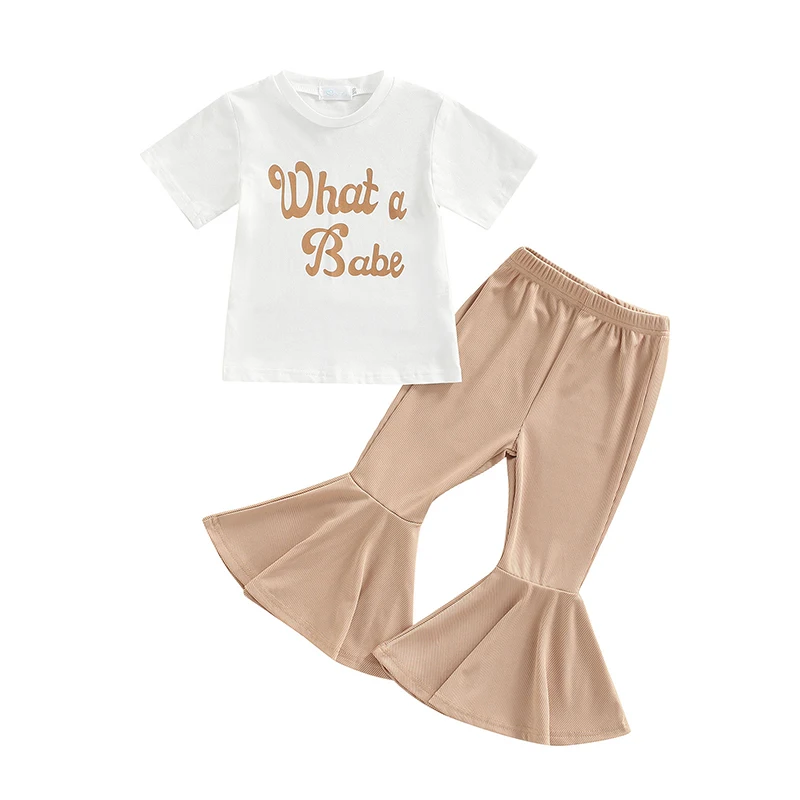 

Kids Girl Short Sleeve Tops + Flared Pants, Letter Print Casual Style Elastic Waist Summer Clothing