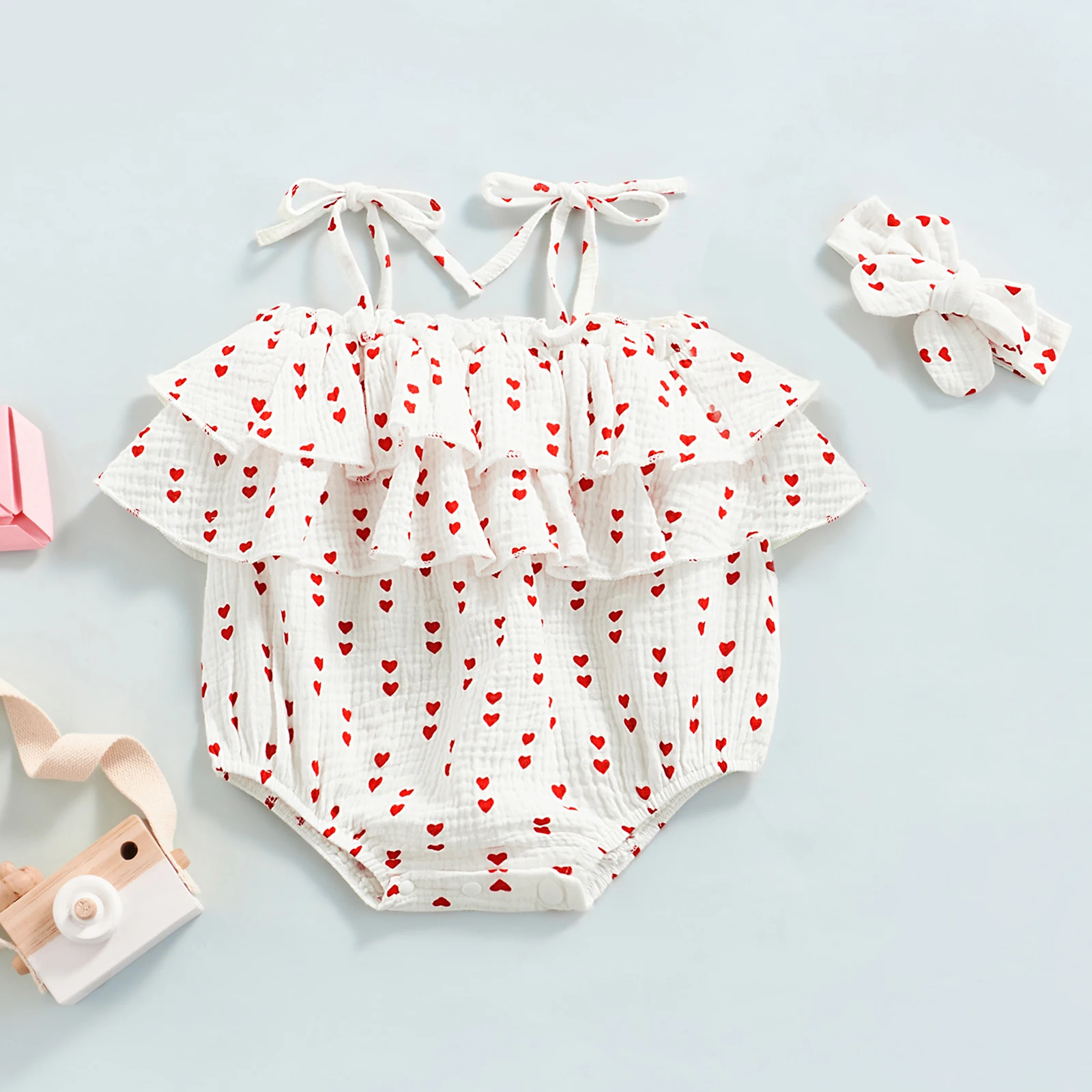

Newborn Baby Girl Valentine 's Day Outfit Sleeveless Strap Ruffle Romper Summer Printed Linen Bodysuit Headband