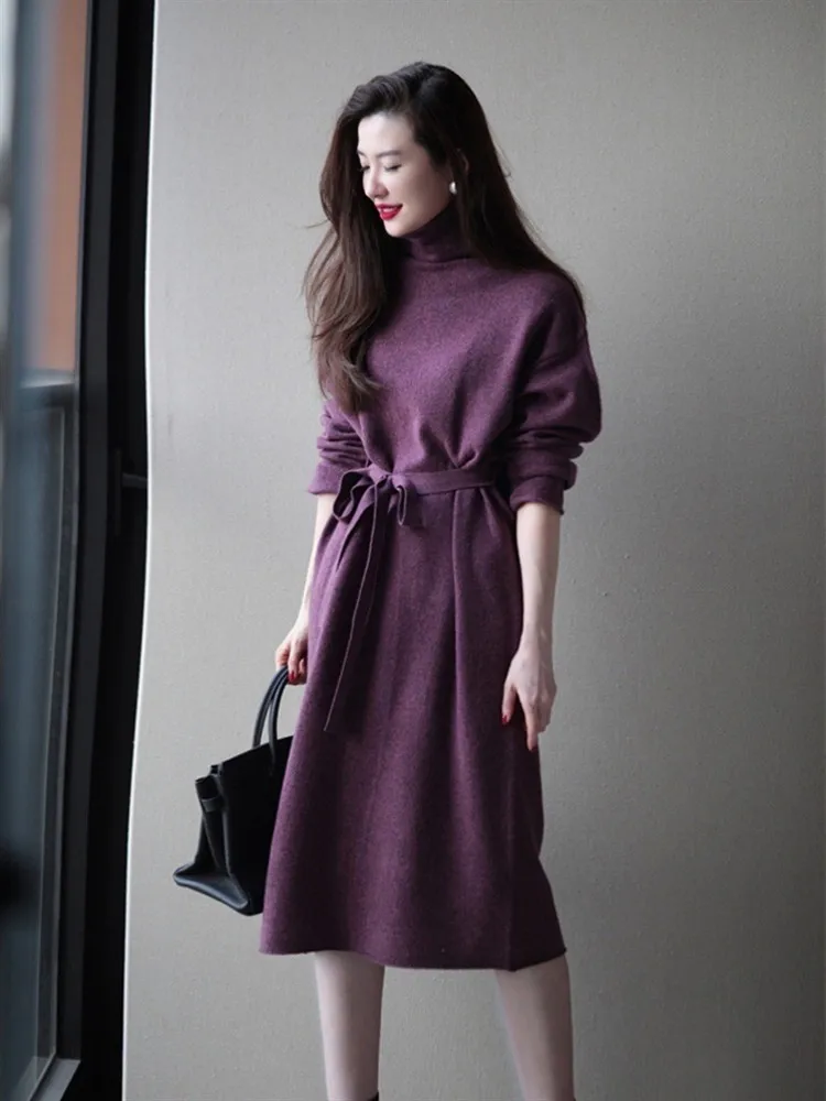 

European station 2022 new high-end sense with overcoat purple long skirt women high collar knit base dress autumn and winter