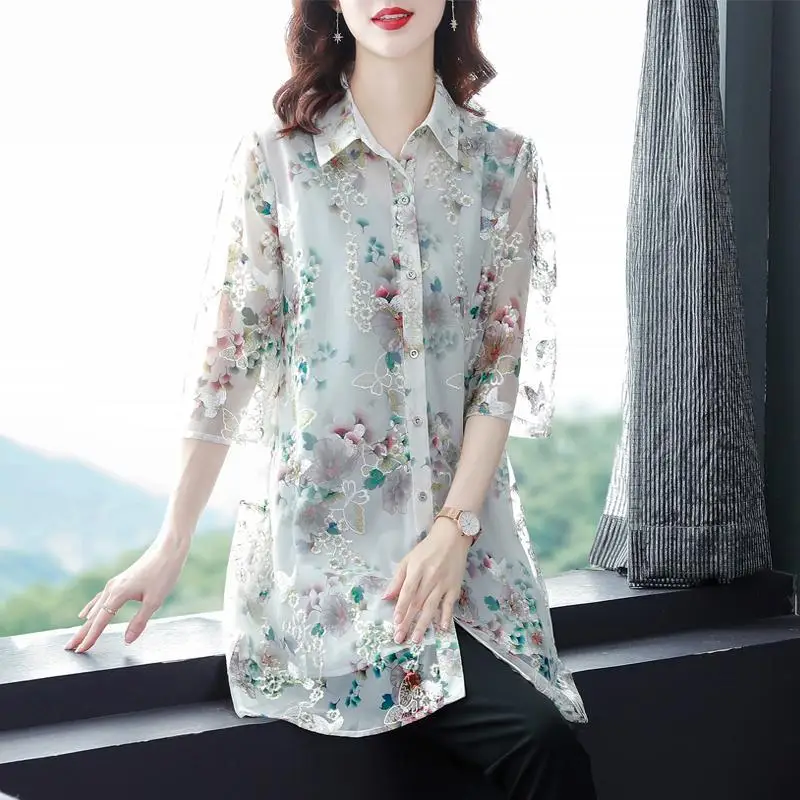 

2023 Spring New Loose Medium and Long Fashion Simplicity Versatile Lapel Printed Top Spliced Three Quarter Commute Causal Shirt