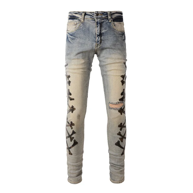 

Men's Light Blue Distressed Streetwear Fashion Slim Fit Embroidered Bone Pattern Damaged Skinny Stretch Ripped Jeans