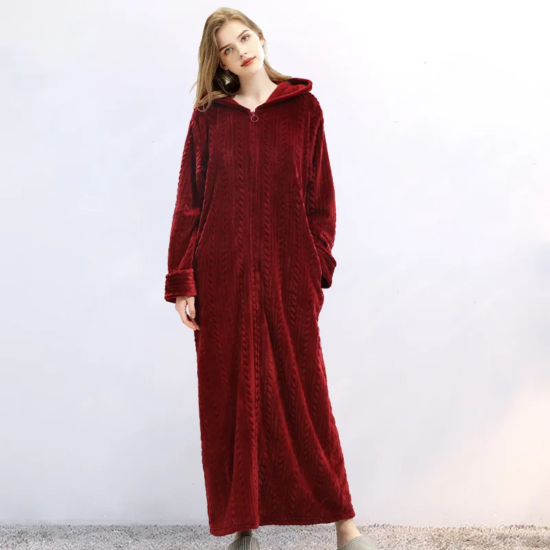 Couple Zip Soft Solid Color Dropshipping Men Coral Fleece Pockets Long Bath Robe Home Gown Sleepwear