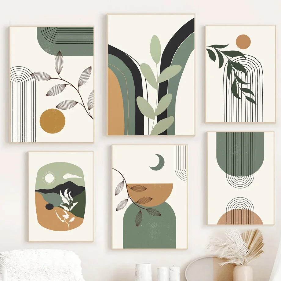 Настенное художественное полотно живопись ветви солнце луна холм абстрактный