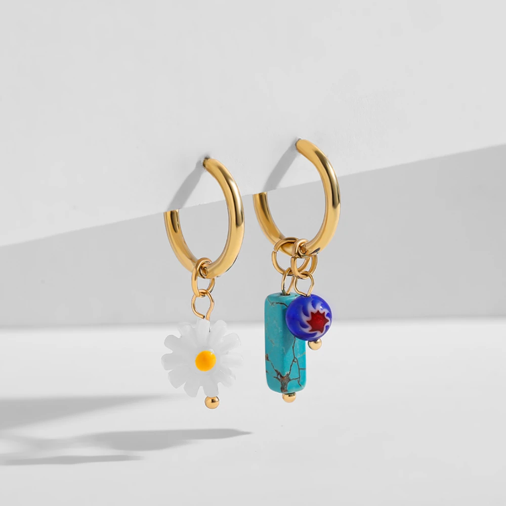 

Handmade Daisy Flower Beads Pendants Earring for Women Square Natural Stone Earring Golden Circle Stainless Steel Jewelry