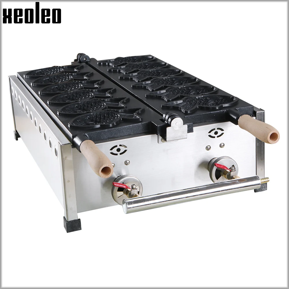 

XEOLEO Taiyaki machine Fish Waffle maker Fish cone machine 6 pcs Gas Ice cream Snack equipment with Non-stick pan Commercial