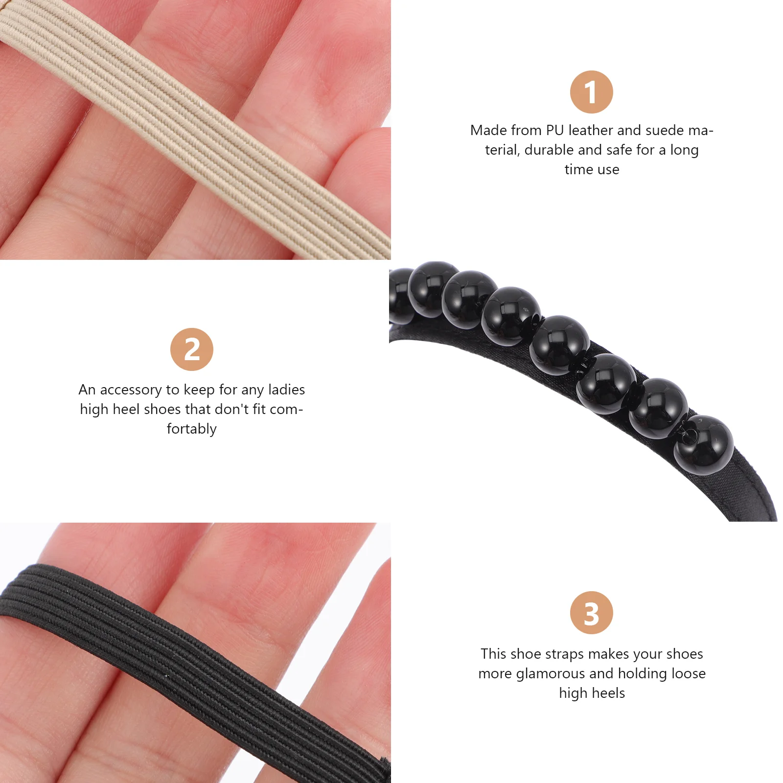 2 Pairs Anti Drop Heel Laces Pearl Ankle Straps Shoelace Anti-Drop Strappy Block Heels Detachable Stretch High