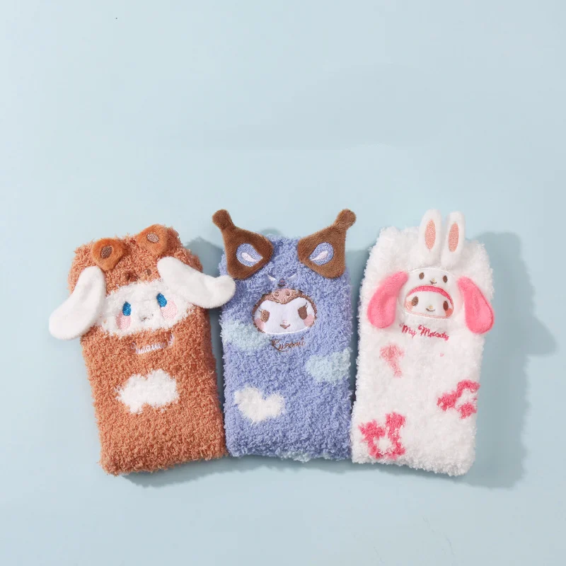 

Kawaii Sanrio Socks Cute Cinnamoroll My Melody Home Socks Autumn Winter Plush Thickened Coral Flour Floor Socks Christmas Gift