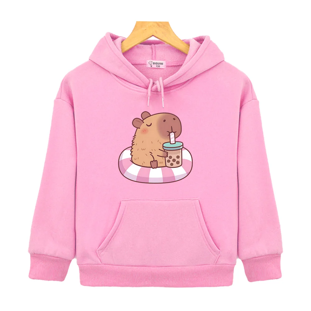 

Capybara Loves Drinking Bubble Tea Hoodies Kawaii Boys Girls Comfortable Sweatshirt for Autumn/Winter Long Sleeve Clothing Kids