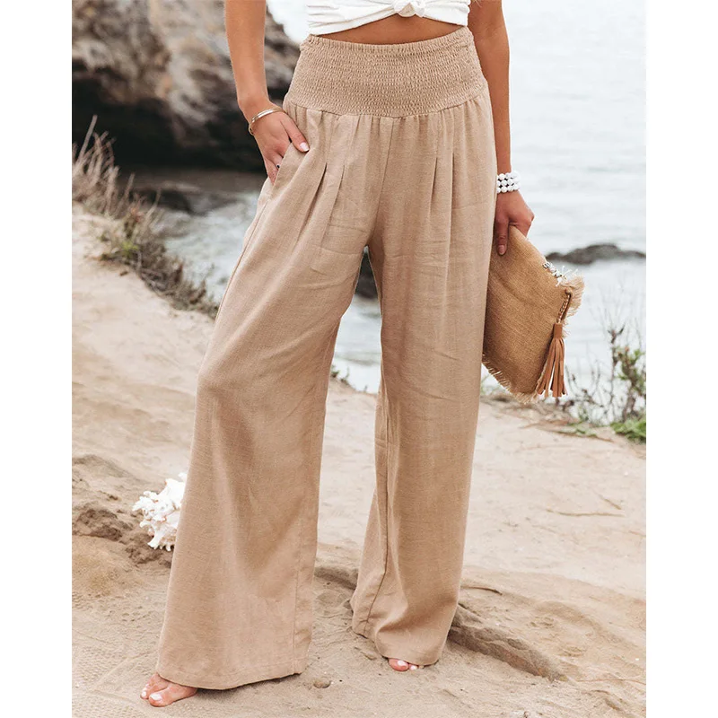 Women Cotton Linen Casual Loose Elastic Waist Straight Pants Summer Trousers Beach Vacation Bohemian Style Wide Leg Pants Female