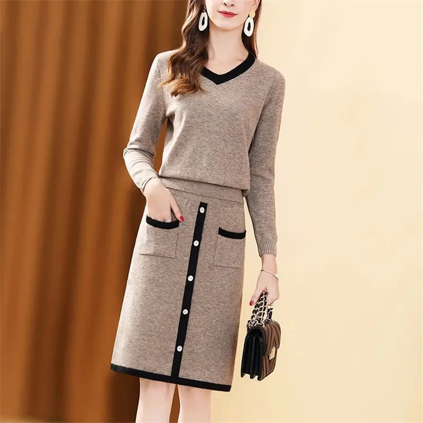 

Autumn Winter Two Piece Set Knitted Sweater Suits For Women Long Sleeve Sweaters Pullover + Bodyocn Skirts Womens Outfits