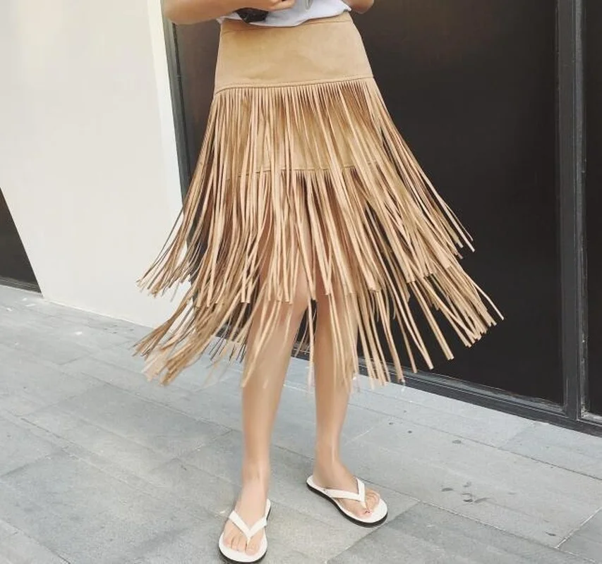

Fashion Vintage Skirts 2023 New Heavy Hierarchical High Waist Straight Leather Skirt Fringed Suede Tassel Saias Skirts Womens