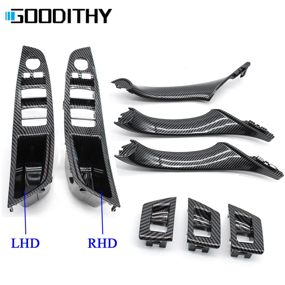 Купи LHD RHD Car Inner Door Carbon Fiber Armrest Pull Handle Window Switch Cover Panel Trim Set For BMW 5 Series F10 F11 F18 523 525 за 763 рублей в магазине AliExpress