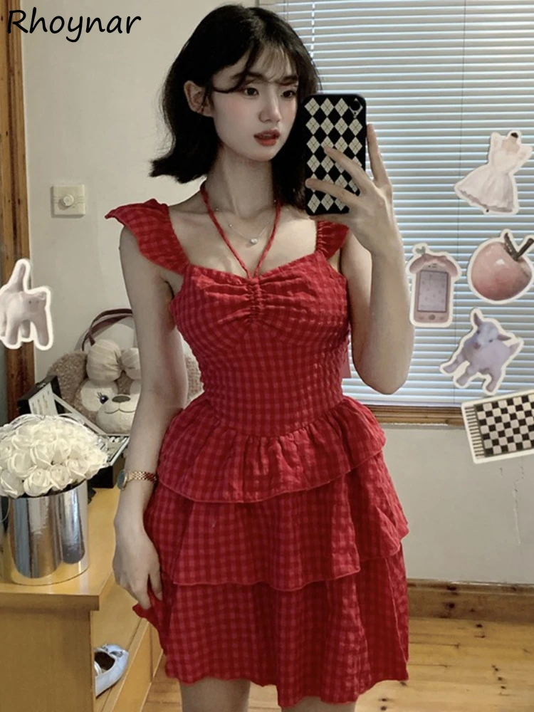 

Mini Red Plaid Dress Women A-line Summer Sexy Harajuku Chic Flying Sleeve Casual Bodycone Vintage Hot Girls French Slim Vestidos