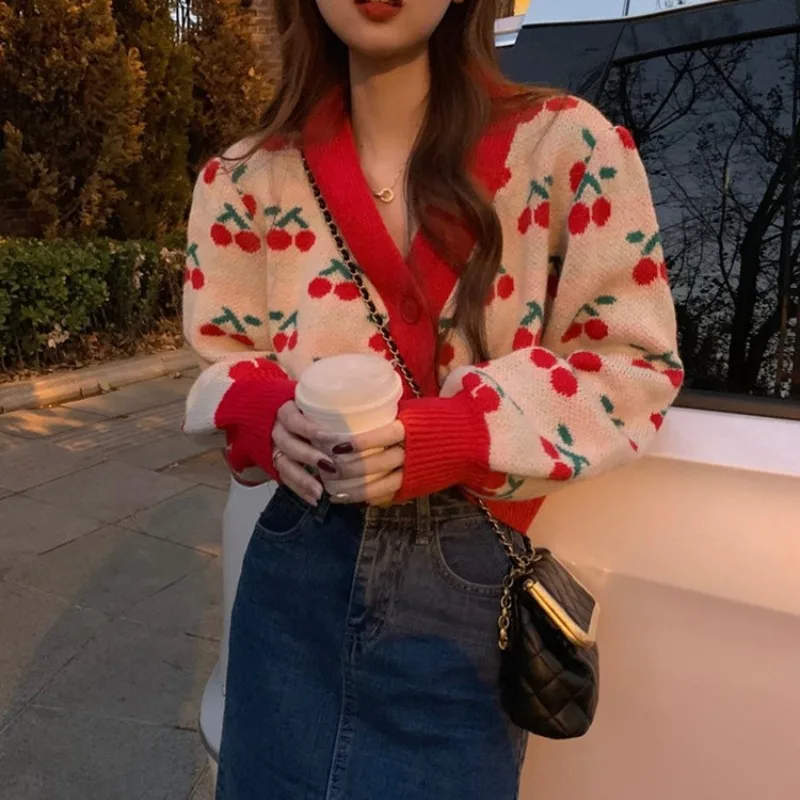 

Sweaters Women Long Sleeve V-Neck Print Sweet Comfortable Femme Knitted Wear Casual All-match Warm Student Autumn Chic
