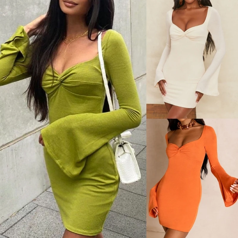 

Женское соблазнительное облегающее мини-платье с глубоким вырезом и квадратным вырезом, обтягивающее однотонное платье с длинным рукавом, обтягивающее платье