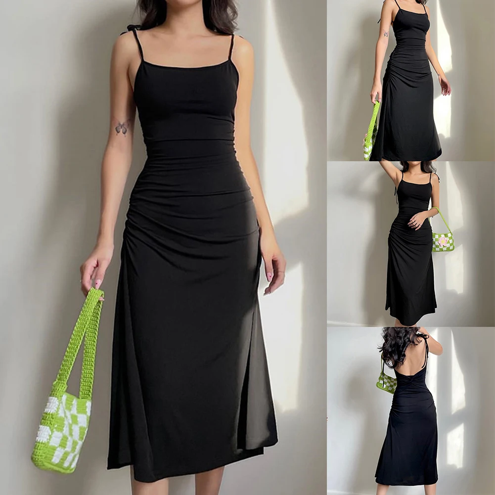 

Women Strappy Ruched Sexy Black Long Dress Irregular Backless Evening Party Midi Dress Summer Elegant Slim Sleeveless Sundress