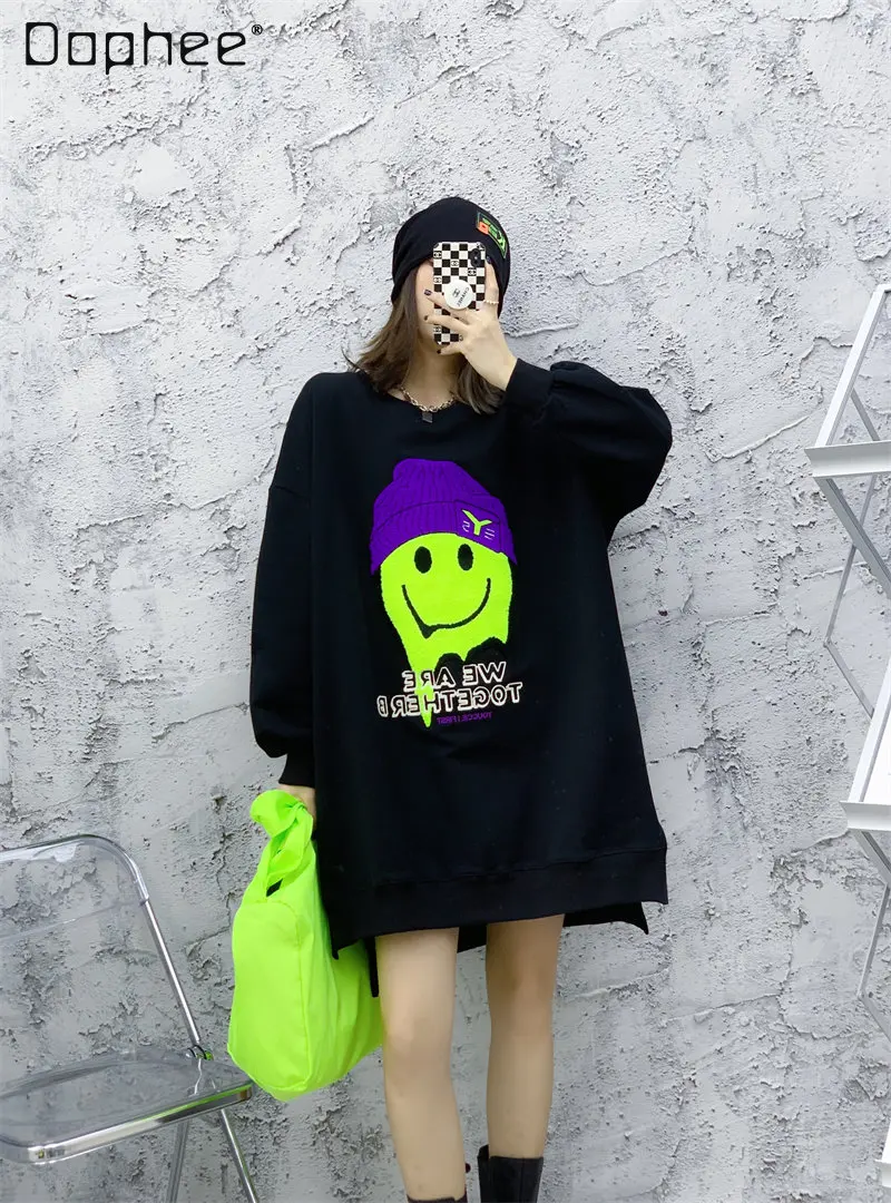 Oversized Women's Clothing Winter Mid-Length Round Neck Pullover Cartoon Hoodie Loose Long Sleeves Velvet Padded Thickened Coat