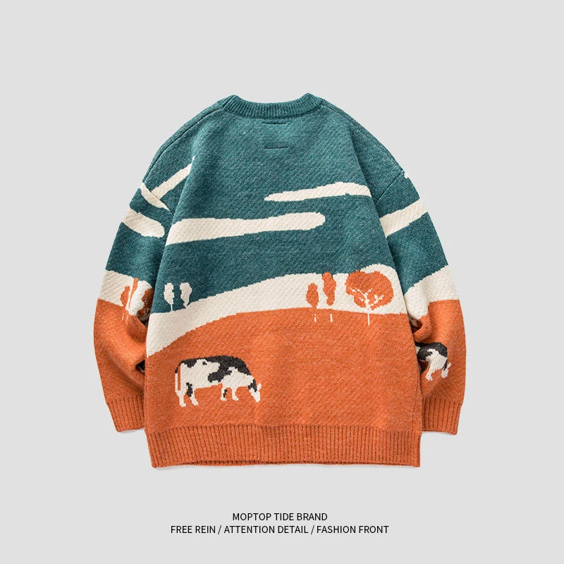 2022 Autumn Winter Men Vintage Cows Couple Sweaters Pullover Mens O-Neck Korean Fashions Sweater Women Casual Harajuku Clothes