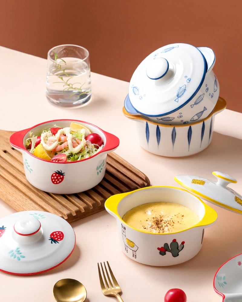 

Steamed Egg Soup Bowl, Ceramic Bowl With lid, Special Bowl For Steamed Rice And Bird's Nest, Underglaze Color Tableware, Cartoon