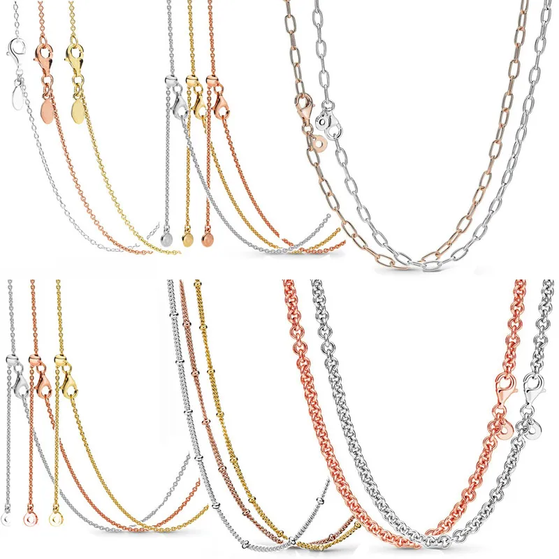 Rose Beaded & Curb Sliding Signature Anchor Clasp Link Chain Adjust Necklace For Fashion 925 Sterling Silver Charm DIY Jewelry