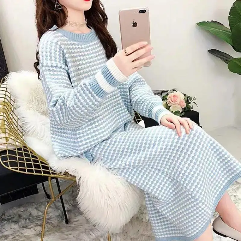 

Woman Knitting Two Pieces Set Female Plaid Knitted Pullover and Pencil Skirts Ladies Casual Office Bottoming Skirt Suit G364