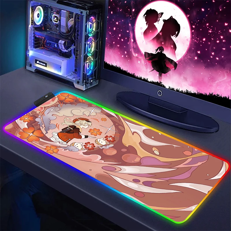 

Коврик для мыши Xxl, милые настольные аксессуары, большой коврик для мыши Klee Genshin с ударным рисунком, игровые коврики Rgb со светодиодной подсветкой, милый Настольный коврик для игры в аниме