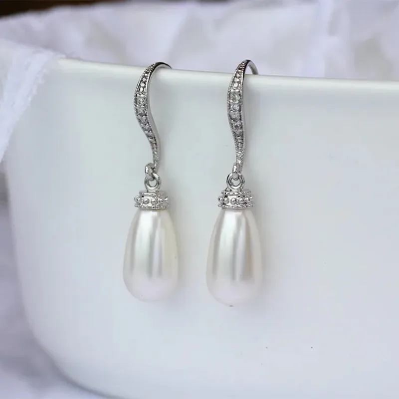 

Exquisite Drop Imitation Pearl Earrings Fashion Metal Silver Color Inlaid White Zircon Crystal Dangle Earrings for Women Jewelry