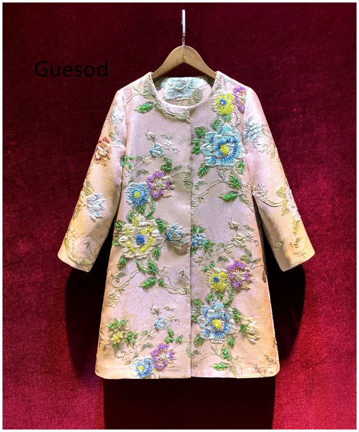 

Guesod Handmade Beading Top Quality Slim Elegant Medium Length Jacquard Outerwear Coat Female All Match Loose 2022 Autumn New